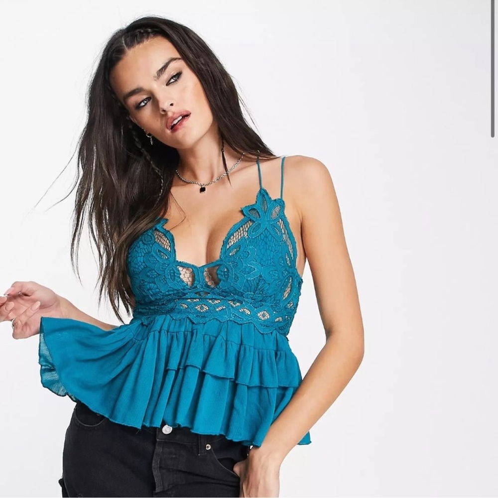 Free People Teal Lace Ruffle Blouse